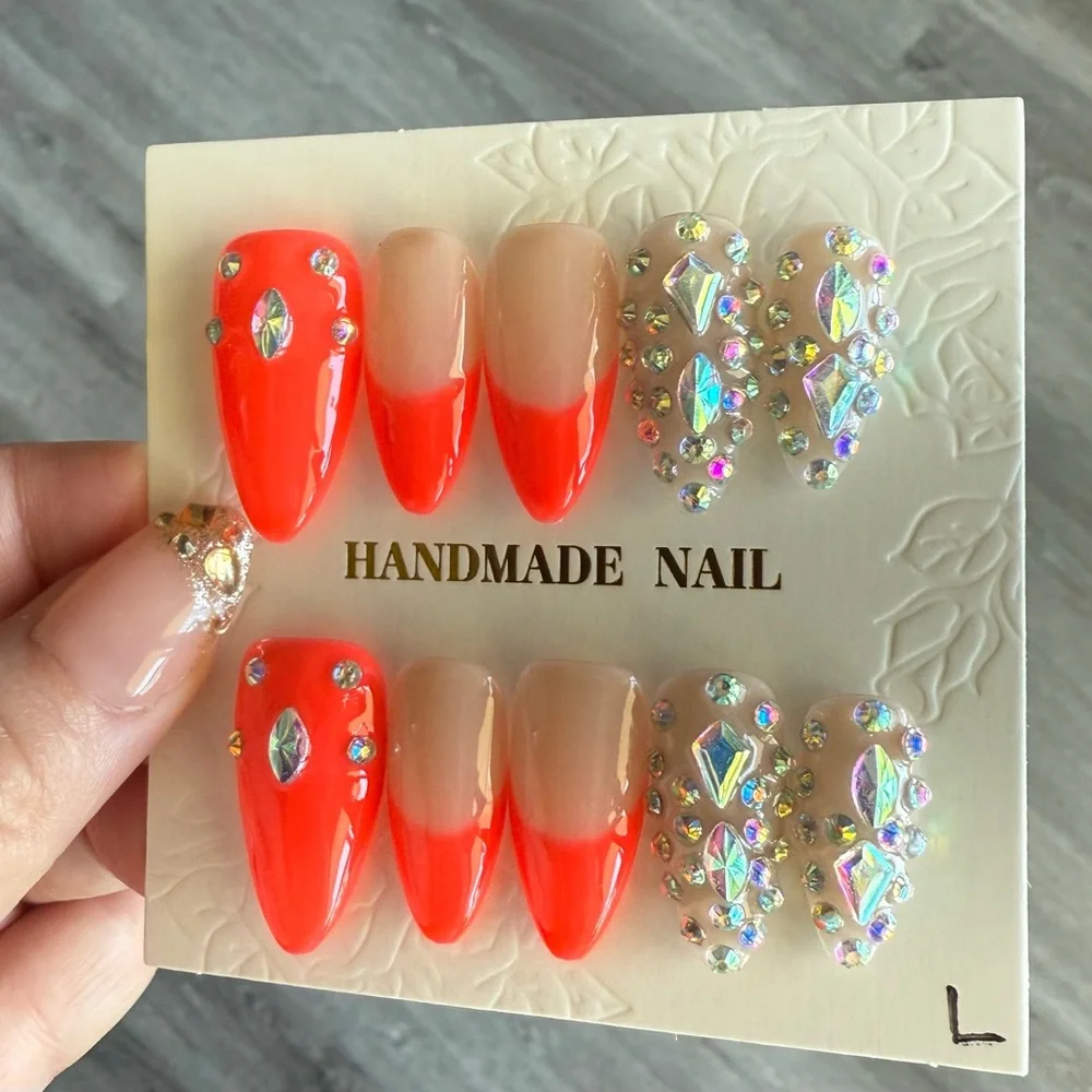 Handmade Neon Coral Ombre Press-On Nails with Iridescent Gems - Picture 2 of 3